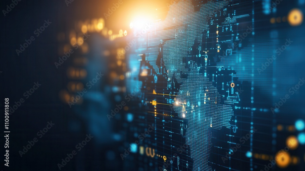 Poster A digital abstract representation featuring interconnected data points and a glowing effect, symbolizing technology and global connectivity.