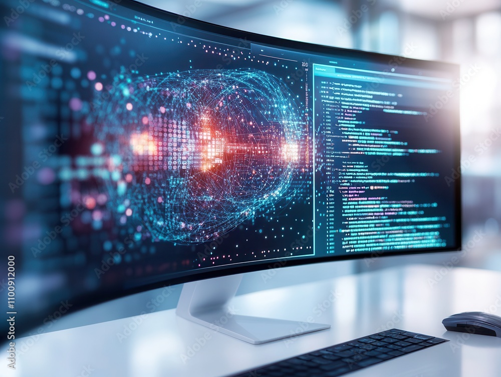 Poster A sleek, curved monitor displays vibrant data visualizations and code, symbolizing advanced technology and programming in a modern workspace.