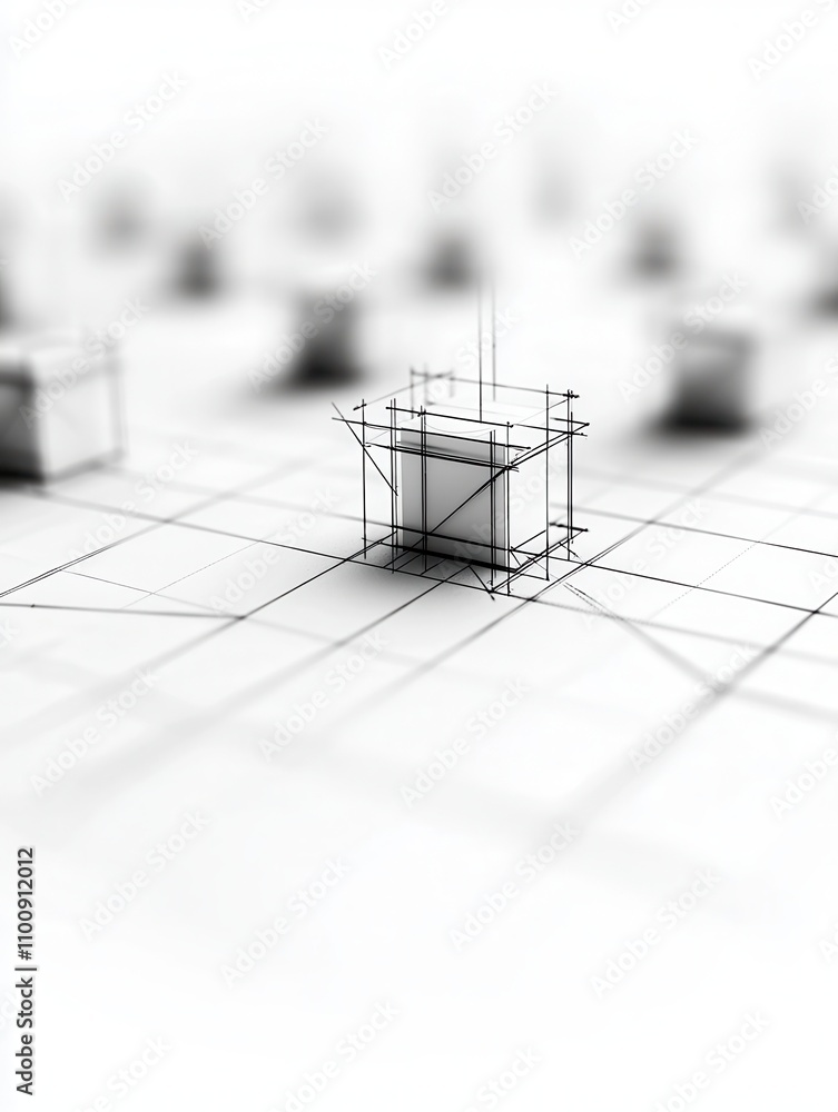 Poster A minimalist design featuring a grid of outlined cubes, emphasizing depth and perspective through blurred background elements.