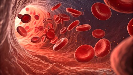 Red blood cells flowing through a blood vessel.Microscopic view of red blood cells.Red blood cells in a capillary.Human blood cells.