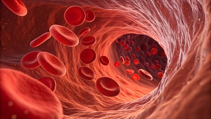 Red blood cells flowing through a blood vessel.Microscopic view of red blood cells.Red blood cells in a capillary.Human blood cells.