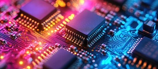 Obraz premium Close-up of a circuit board with microchips and glowing lights in pink, purple, and blue.