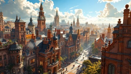 High-angle shot: brick buildings, promising.