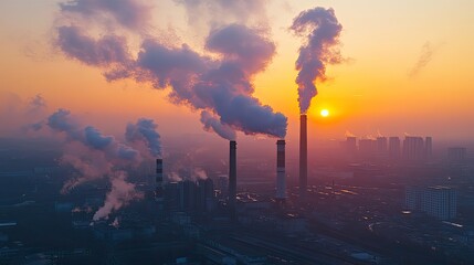 Obraz premium A sunset over an industrial city illustrates the environmental challenges posed by pollution.
