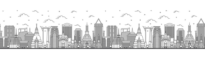 Obraz premium Seamless pattern with outline Bangkok Thailand City Skyline with Modern and Historic Buildings Isolated on White. Bangkok Cityscape with Landmarks.