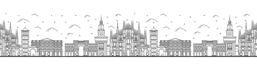 Fototapeta premium Seamless pattern with outline Milan Italy City Skyline with Historic Buildings Isolated on White. Milan Cityscape with Landmarks.