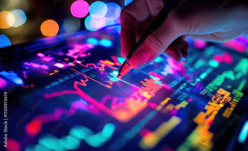 Poster hand using stylus on tablet displaying vibrant stock market data charts and graphs at night.