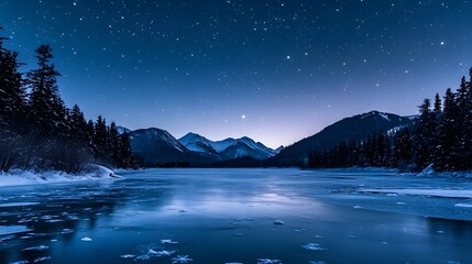Starry Night Over Frozen Lake And Mountains