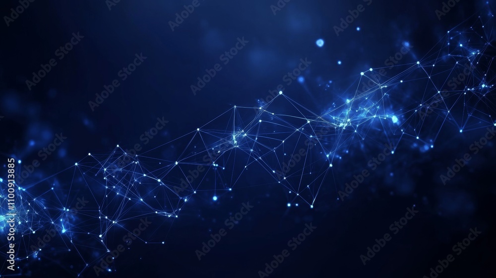 Poster abstract neural network digital art in dark blue background with glowing connections and nodes