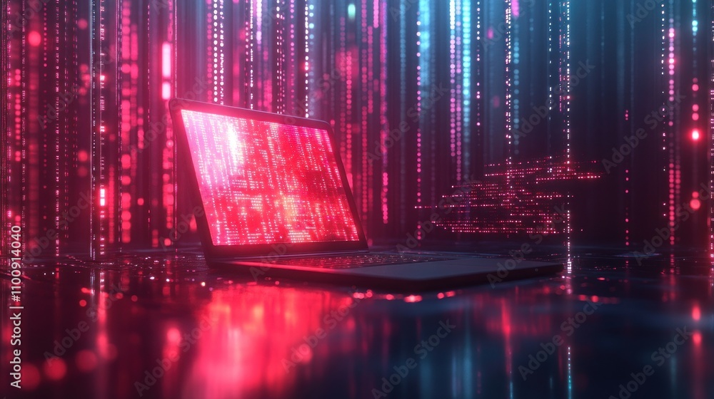 Poster a laptop with a glowing screen sits in front of a digital background of falling code.