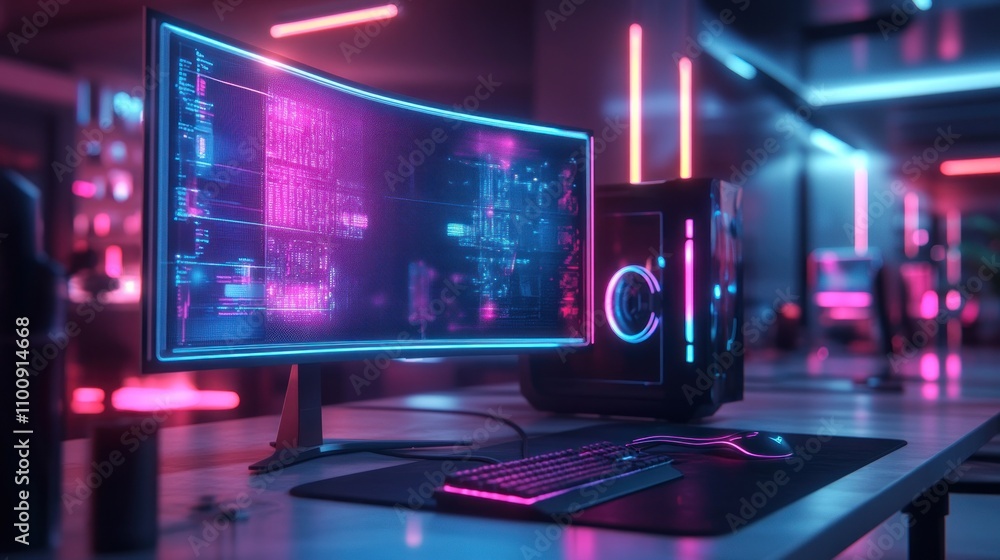Poster a modern gaming computer setup with a curved monitor, keyboard, mouse and neon lights.