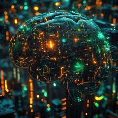 A Circuit Board Brain Illuminated With Glowing Lights
