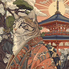 Majestic Feline in Traditional Japanese Attire Against a Serene Landscape with Cherry Blossoms and a Pagoda at Sunrise