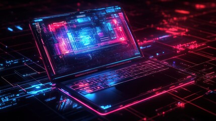 Obraz premium A futuristic laptop with glowing neon lights on a dark, futuristic background.