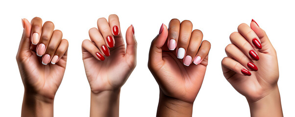 Collection of beautiful diverse female hands, with manicured nails, isolated on a transparent background.