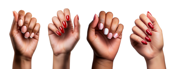 Collection of beautiful diverse female hands, with manicured nails, isolated on a transparent background.