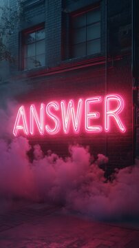 Neon Answer: A vibrant, pink neon sign spelling "ANSWER" glows against a dark, urban backdrop, shrouded in swirling smoke. This image evokes mystery, intrigue, and the search for truth. 