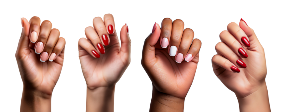 Collection of beautiful diverse female hands, with manicured nails, isolated on a transparent background.