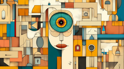 digital art piece showcasing fusion of geometric shapes and vibrant colors, featuring stylized face with prominent eye. composition evokes sense of intrigue and creativity