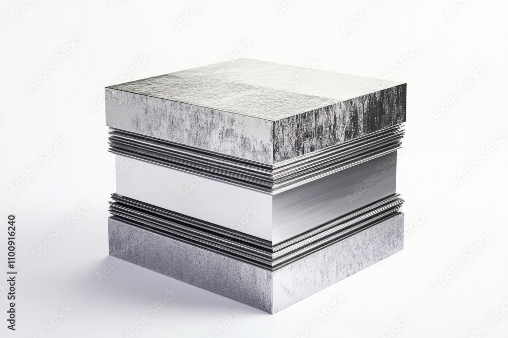 Poster layered metallic cube with textured surface.