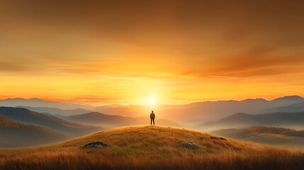 Fototapeta premium A powerful visual representation of a person standing alone on a vast, empty landscape, symbolizing starting from zero, with a bright sunrise illuminating the horizon, emphasizing the value 