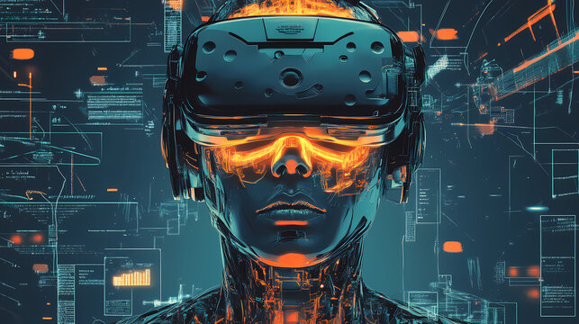 A cyborg with a human face and robotic body wearing cutting edge vr gear. Biomechanical. Illustration