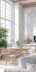 Obraz premium Contemporary living room and kitchen with marble wall, wooden flooring, modern furniture, and large window for a bright, airy ambiance.