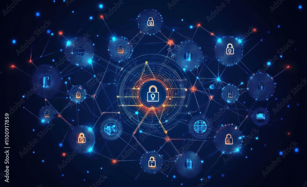 Poster network security system with padlock icons connected by lines on a dark blue background.