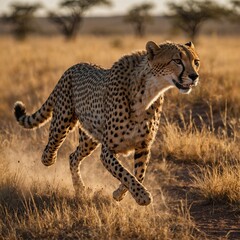 Fototapeta premium A sleek cheetah sprinting across a sunlit savanna.