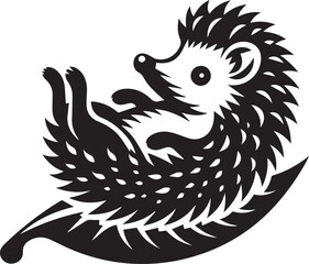 A black silhouette of a hedgehog on a leaf vector silhouette