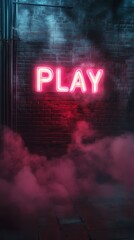 Fototapeta premium Neon Play Sign in Smoky Alleyway 