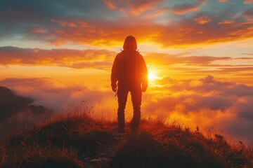 Obraz premium A lone hiker stands on a mountaintop, silhouetted against a fiery sunset. The clouds below are bathed in warm light, creating a dramatic and awe-inspiring scene.