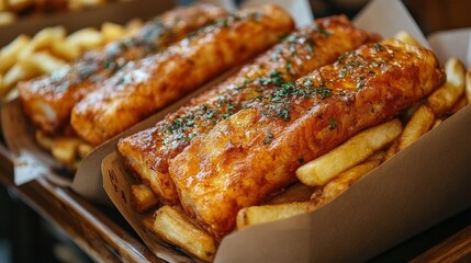 Delicious takeaway fish and chips wrapped in paper, perfect for a quick meal on the go