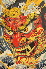 Vibrant Japanese Folklore Artwork Featuring Hannya Mask Design with Dynamic Waves and Dramatic Colors