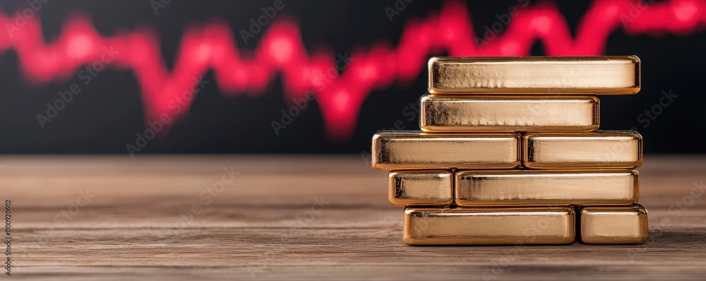 Poster a stack of gold bars on a wooden surface with a fluctuating red graph in the background, symbolizing