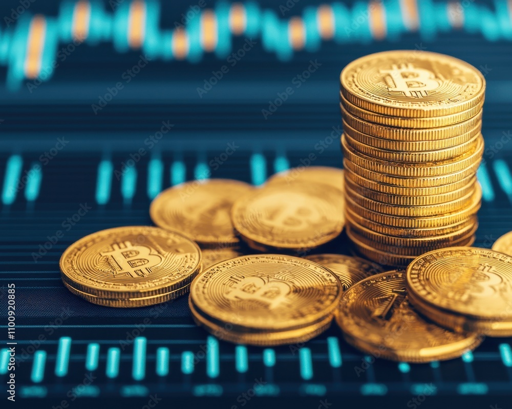 Poster stacks of golden coins representing bitcoin, placed on a digital background with fluctuating financi