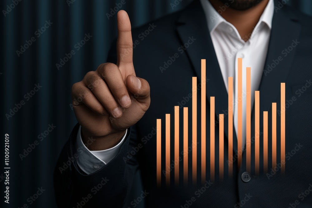 Poster a professional individual gestures with one finger, combining business attire with a visual soundwav