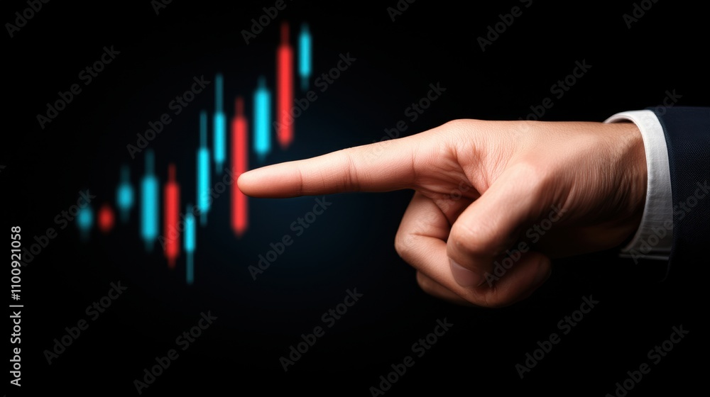 Poster a hand points at a colorful financial chart, indicating trends in market data with rising and fallin