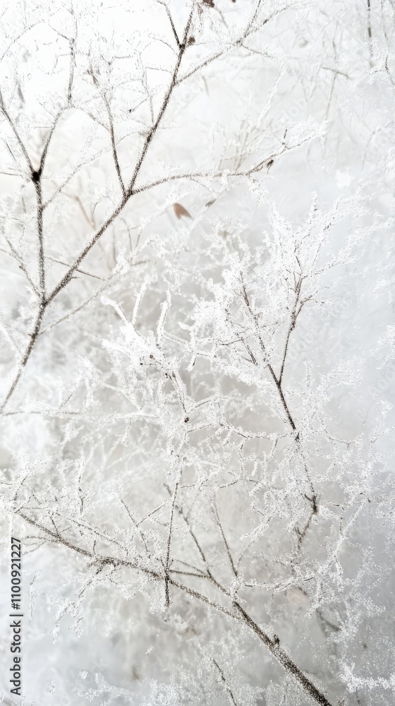 Poster winter's embrace: delicate branches adorned with frost, creating a mesmerizing abstract pattern agai