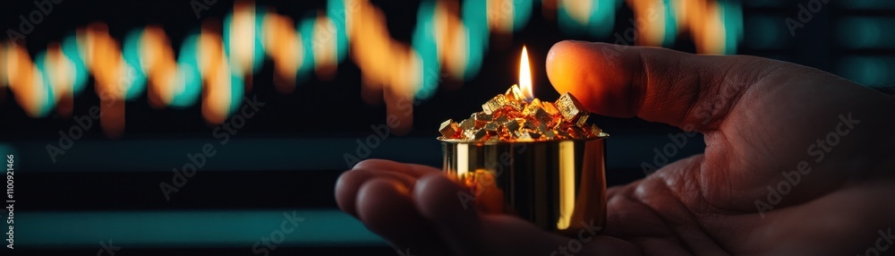 Poster a hand holds a golden container filled with burning material against a backdrop of colorful, fluctua