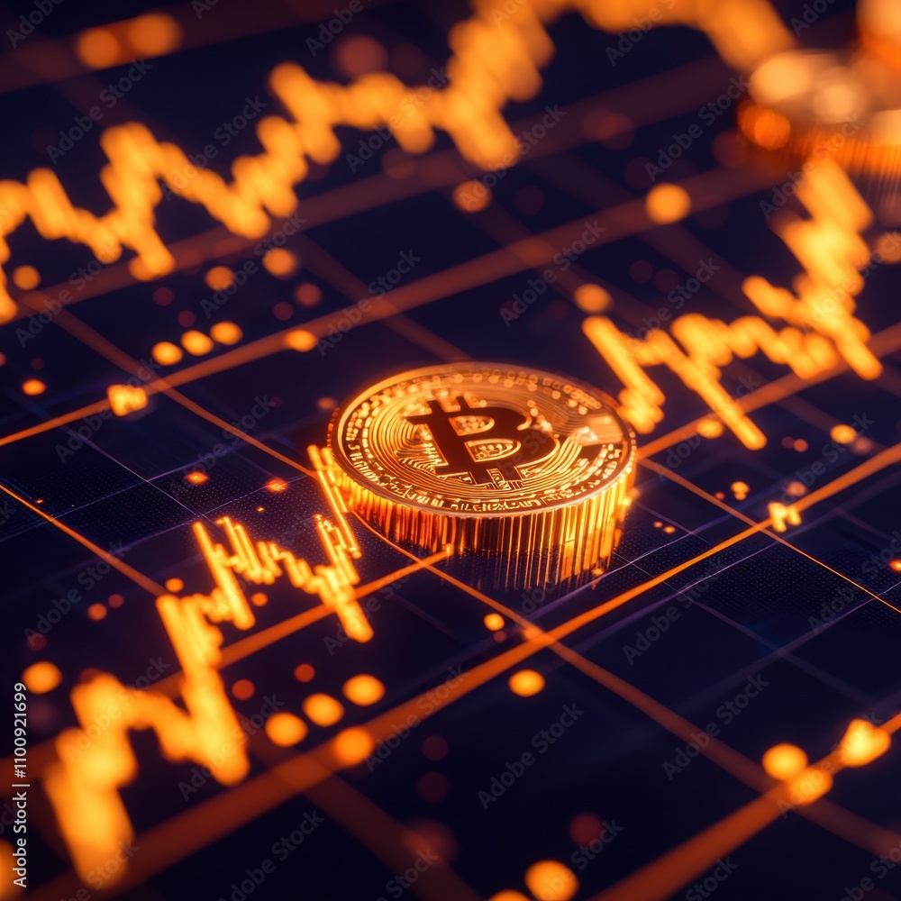 Poster a close-up of a bitcoin on a digital chart, illustrating cryptocurrency trends with rising and falli