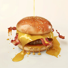 Close-Up Hyper-Realistic Hamburger with Melting Cheese and Crispy Bacon Dripping Over a Freshly Baked Sesame Seed Bun in a Light Background
