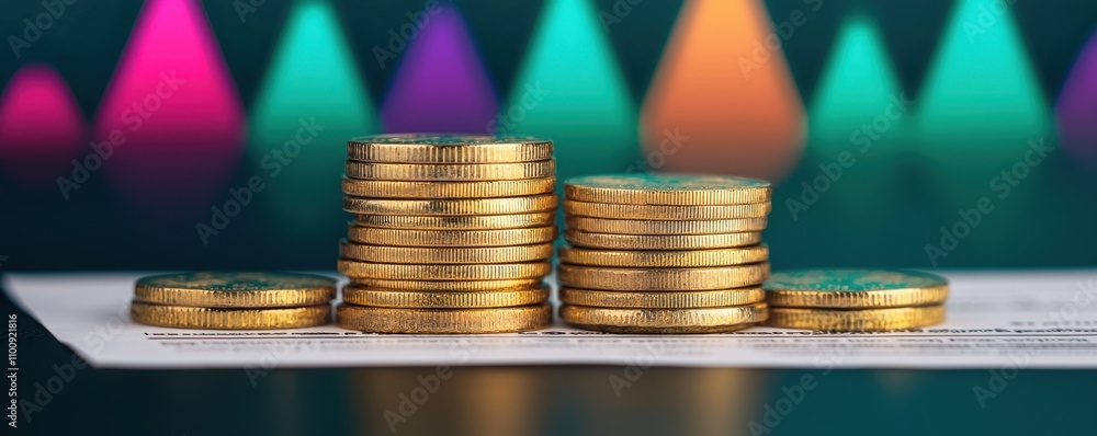 Poster a stack of golden coins on a financial document with a colorful gradient background, symbolizing wea