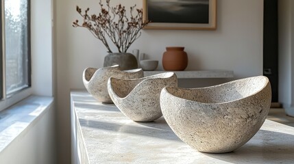 Elegant Stone Bowls Arranged on a Minimalist Table with Natural Light Streaming Through a Window, Showcasing Modern Interior Design Elements and Earthy Textures