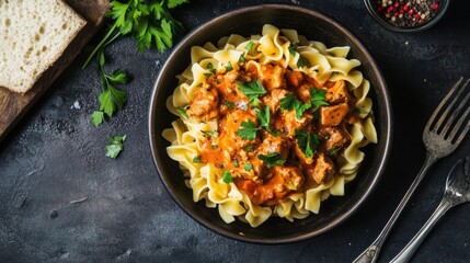 Delicious Creamy Chicken Sauce Served Over Fresh Egg Noodles in Rustic Bowl Surrounded by Fresh Herbs and Ingredients on Dark Table