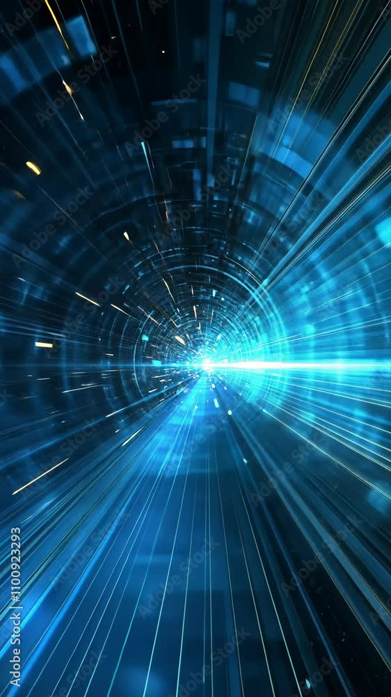 Poster dynamic visual representation of a futuristic tunnel with glowing blue lights and motion effects