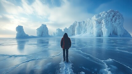Obraz premium A traveler finds himself captivated by stunning ice formations in a vast frozen landscape.