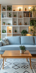 Contemporary living room style with light blue sofa, wooden coffee table, white shelves, abstract geometric carpet, and warm lighting for a welcoming, relaxed feel