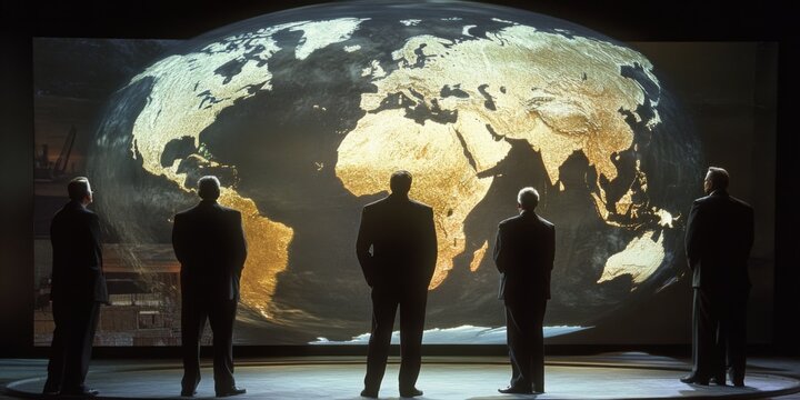 Executives analyzing a global market expansion plan displayed on a digital globe