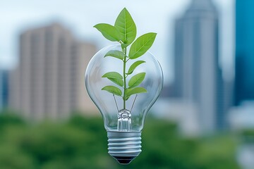 Green Energy Plant Sprout Inside Light Bulb, Cityscape Background